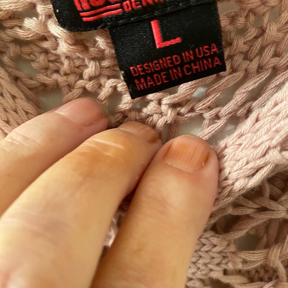 Rock & Roll Denim Crochet Pink Open Knit Sweater - Picture 3 of 6